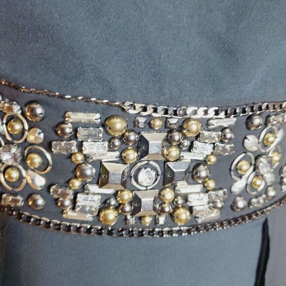 Bebe Black Beaded Chain Illusion Sheer Formal Sheath Train Dress Size 6 - Picture 4 of 7